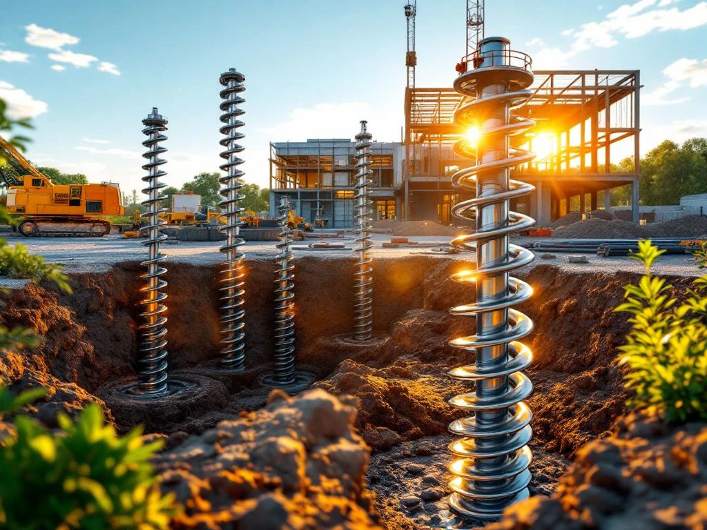 schroefpalen-installatie-bouwplaats-duurzaam.jpg Luchtfoto van bouwplaats met stalen schroefpalen in donkere grond, booruitrusting en duurzaam gebouwframe tegen blauwe lucht