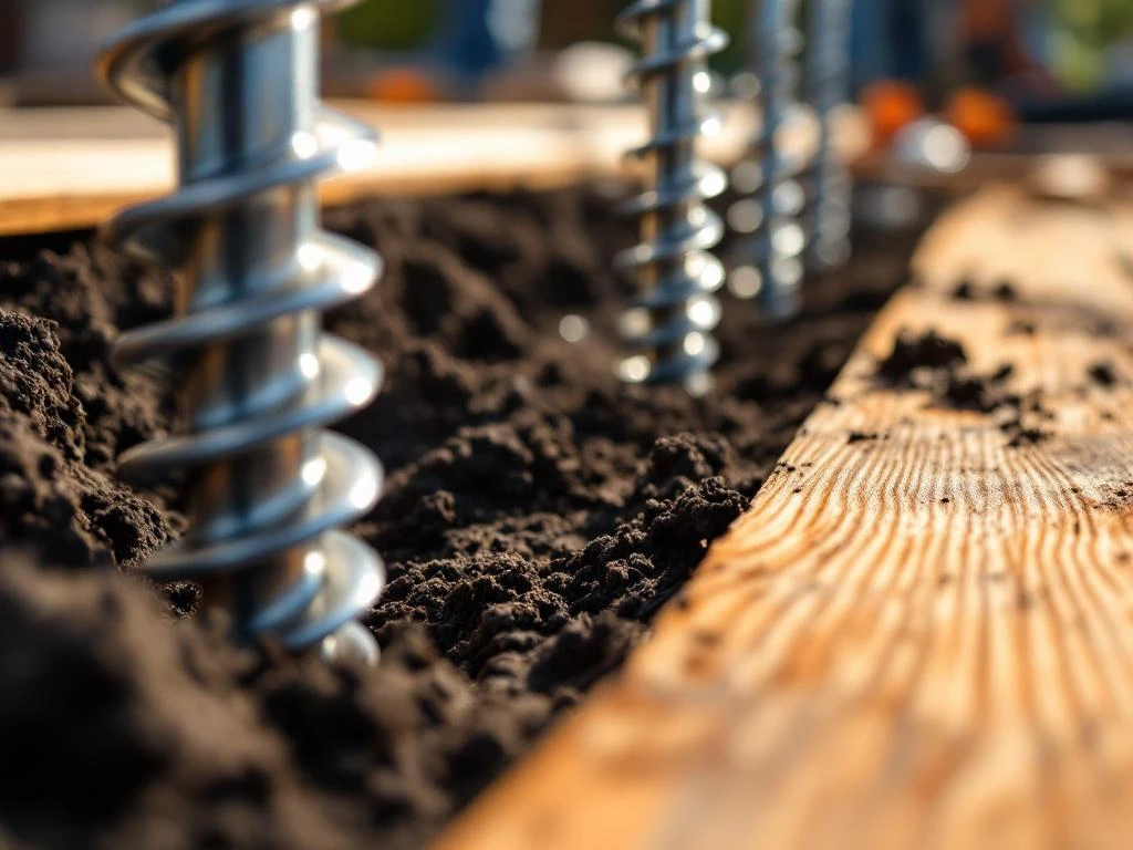 Stalen schroefpalen worden geïnstalleerd in donkere grond onder houten terrasplanken met zichtbare spiraaldraden