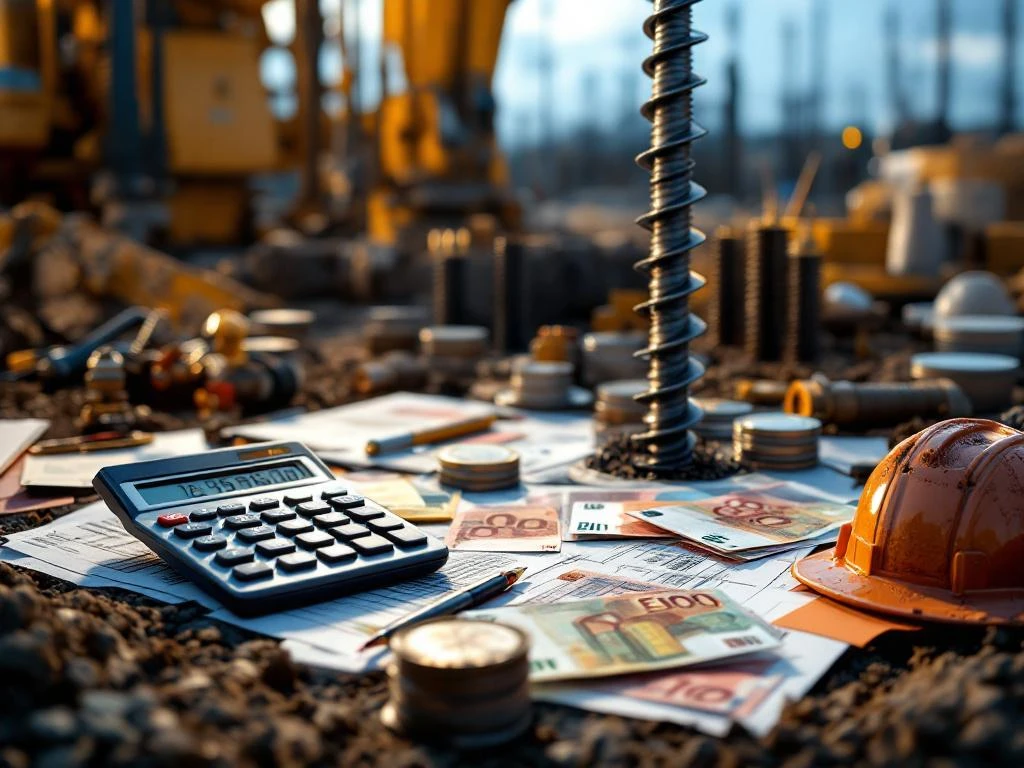 Schroefpalen installatie op bouwplaats met calculator en eurobiljetten voor kostenberekening van funderingsproject