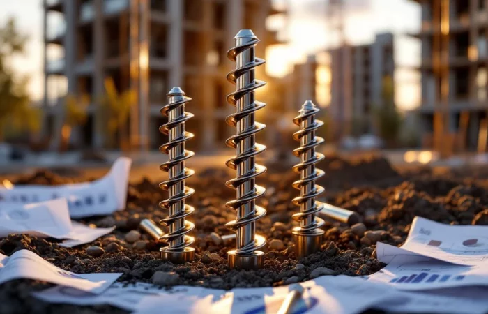 Stalen schroefpalen van verschillende maten met prijslabels op bouwplaats met funderingswerk in gouden avondlicht