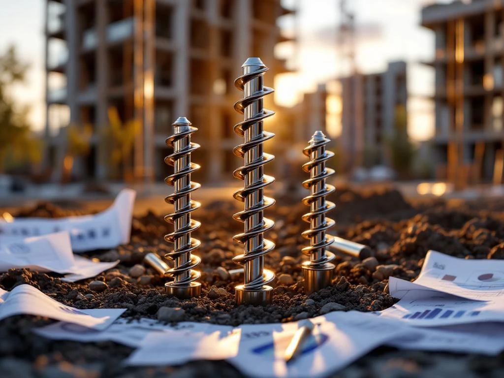 Stalen schroefpalen van verschillende maten met prijslabels op bouwplaats met funderingswerk in gouden avondlicht