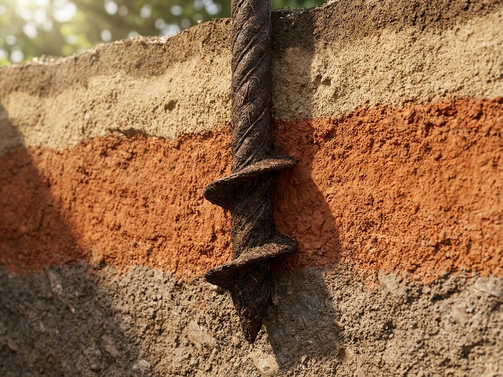 helical-screw-foundation-soil-layers-cross-section.jpg Bio-gebaseerde schroeffundering doorprikt gelaagde bodemlagen van zandige bovengrond tot klei en rotsbasis