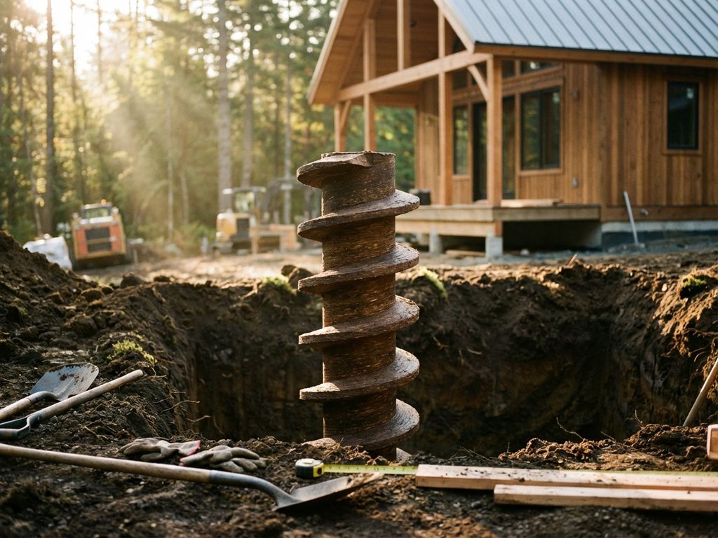 bio-gebaseerde-schroeffundering-duurzame-houtcomposiet.jpg Duurzame houten schroeffundering spiraalvormig in donkere grond onder modern houten huis met constructiegereedschap