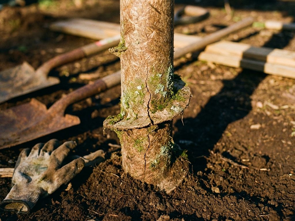 Verweerde bio-gebaseerde schroefpaalfundering in donkere grond met mos, gereedschap nabij, gouden middaglicht