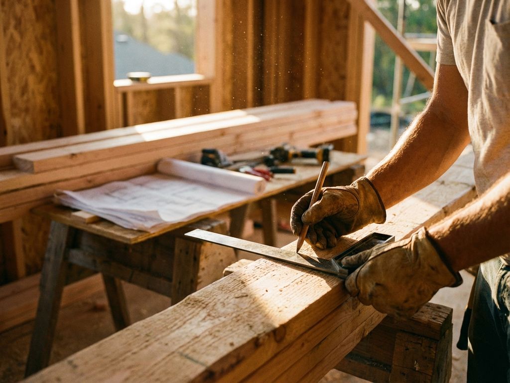 houtbouw-meetwerk-timmerman-constructie-balken.jpg Bouwvakker meet en markeert houten balken met stalen winkelhaak, blauwdrukken op werkbank, ochtendlicht door frame