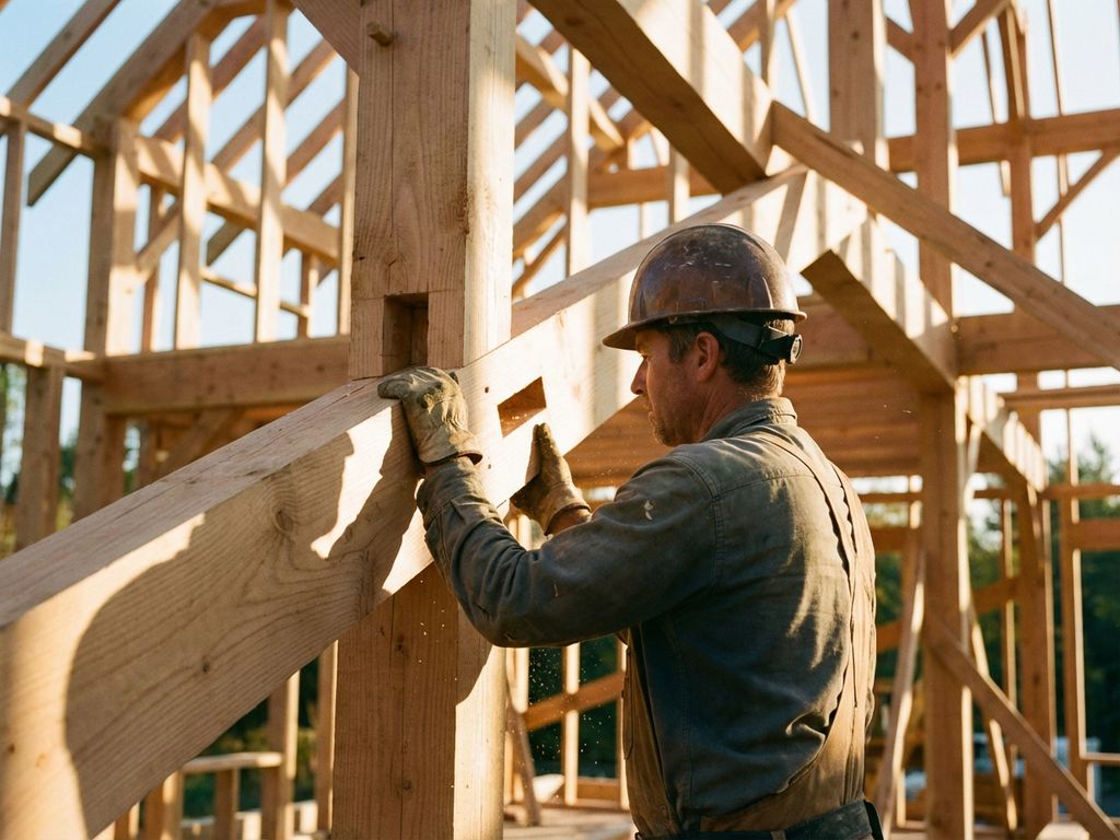 houtbouw-timmerman-constructie-vakmanschap-frame.jpg Bouwvakker met helm plaatst houten balk in houtskelet huis, gouden zonlicht creëert geometrische schaduwen