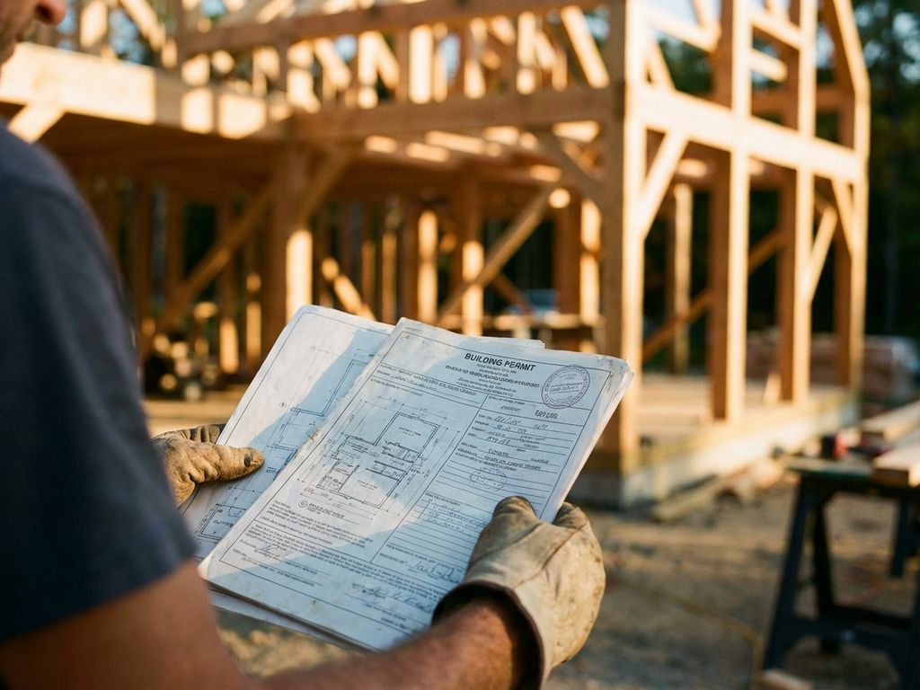 Bouwvakker houdt bouwvergunning vast voor houten frame huis in aanbouw met zichtbare balken op achtergrond