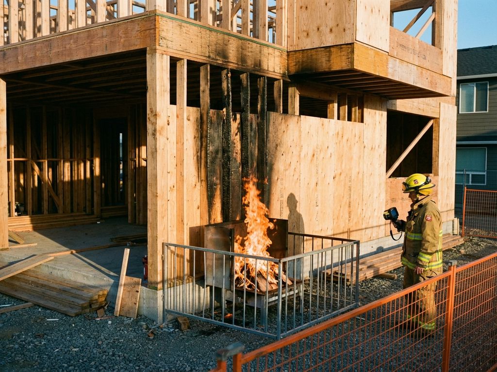 brandveiligheid-houtbouw-constructie-inspectie-test.jpg Houten huis in aanbouw tijdens gecontroleerde brandveiligheidstest met inspecteur in beschermende kleding