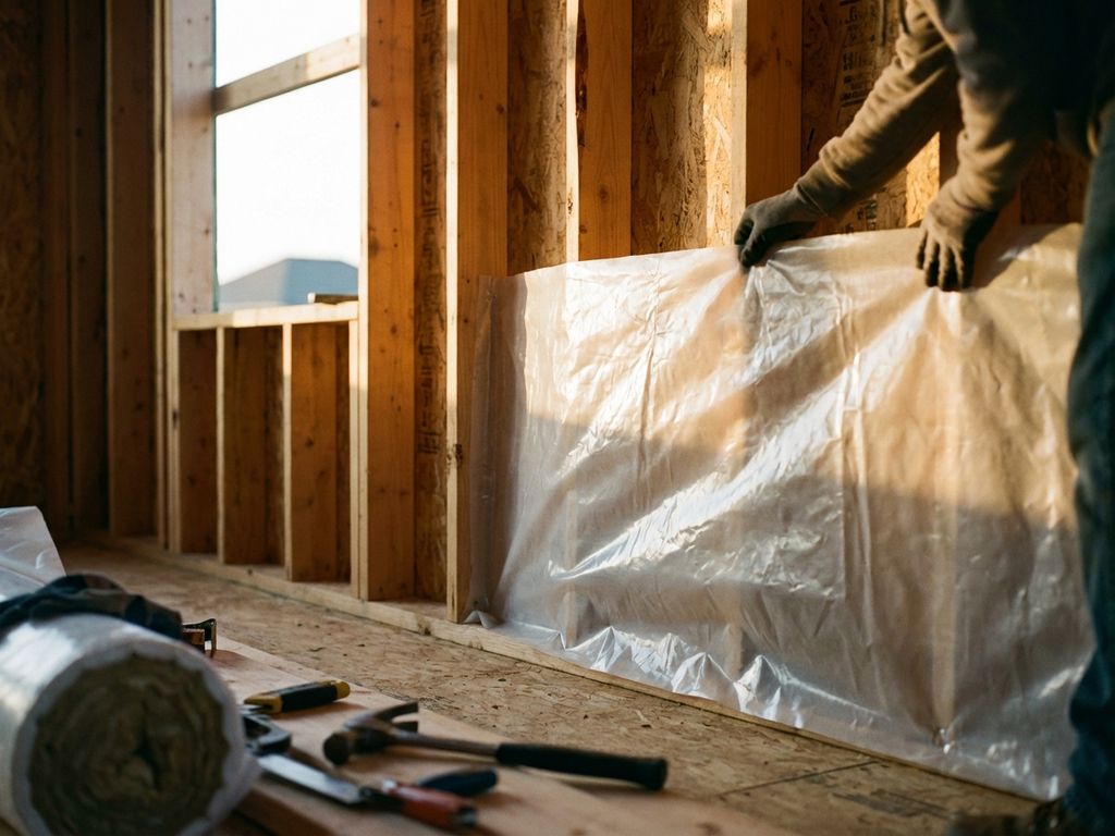 Bouwvakker installeert dampscherm tegen houten balken, constructiegereedschap op ondervloer, natuurlijk licht