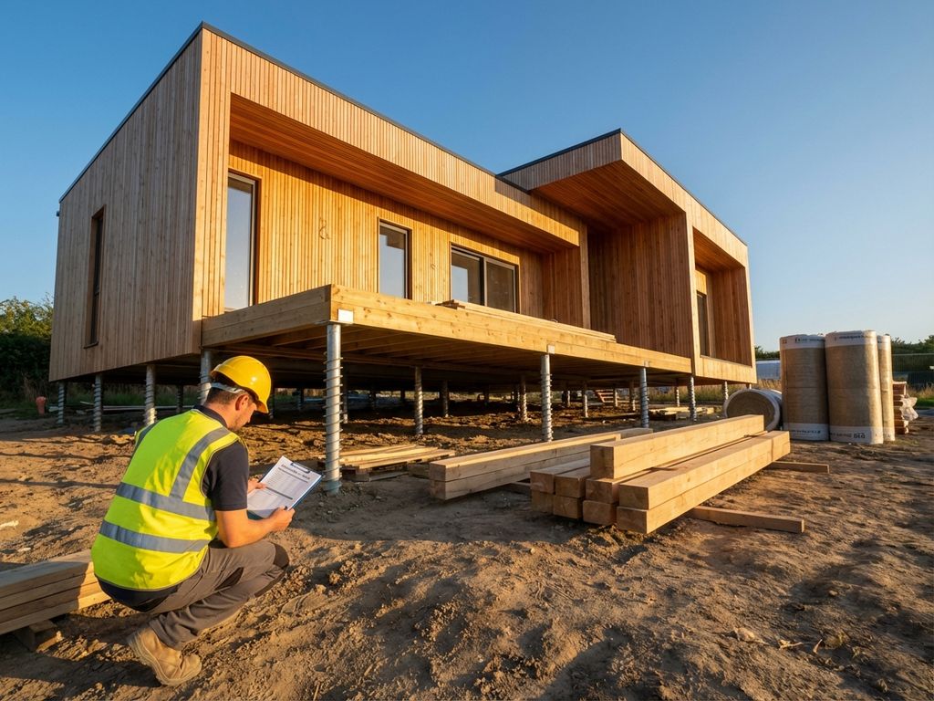 Bouwvakker controleert kostenberekening bij moderne duurzame woning met houten gevel en stalen funderingspalen