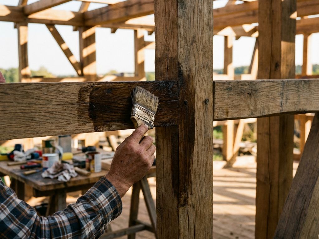 Ambachtsman brengt houtbeits aan op eiken balken van houten huis met natuurlijke kwast in warm zonlicht