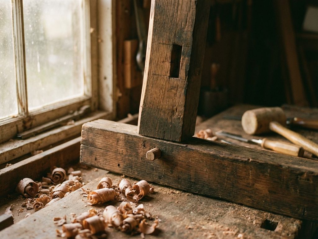 Verweerde houten balken met traditionele pen-en-gatverbindingen in werkplaats met houtschaafsel en gereedschap