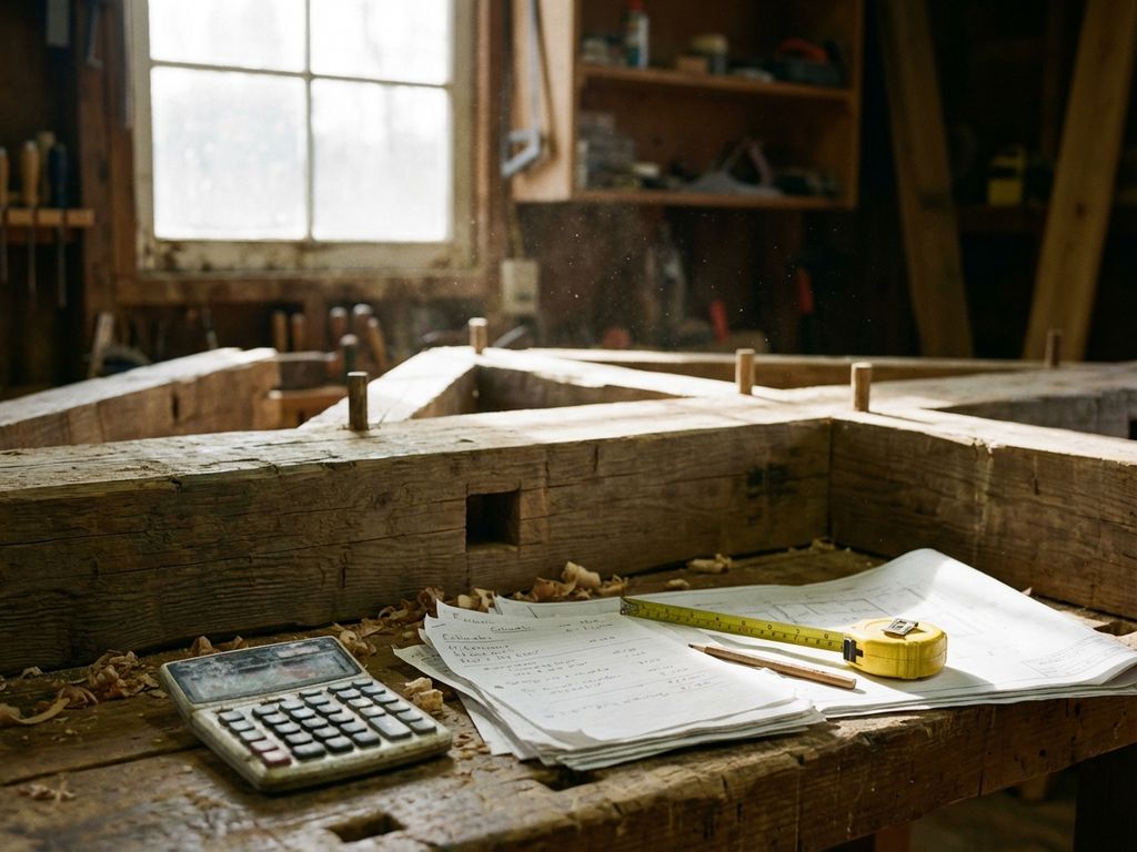 Houten constructiebalken en verbindingen op werkbank met rekenmachine, kostenschattingen en meetgereedschap in timmerworkshop