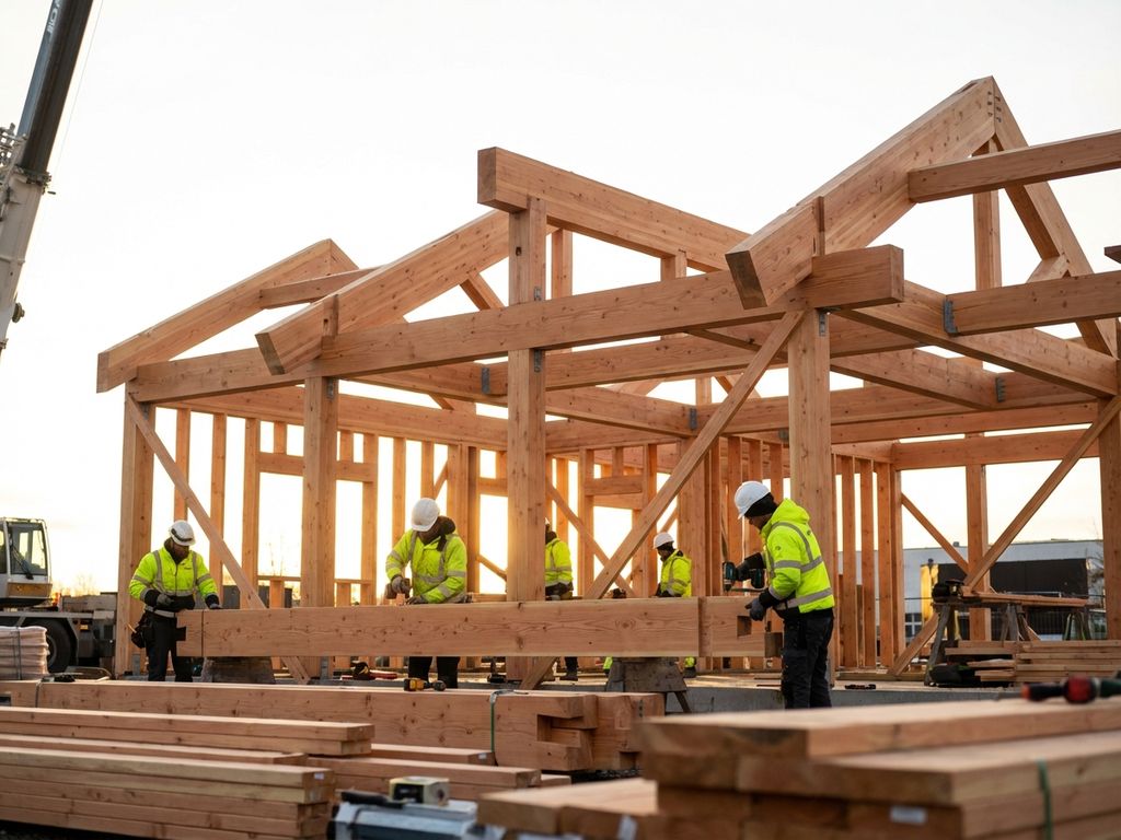 Moderne houtskeletbouw in aanbouw met arbeiders die houten balken assembleren tegen bewolkte hemel