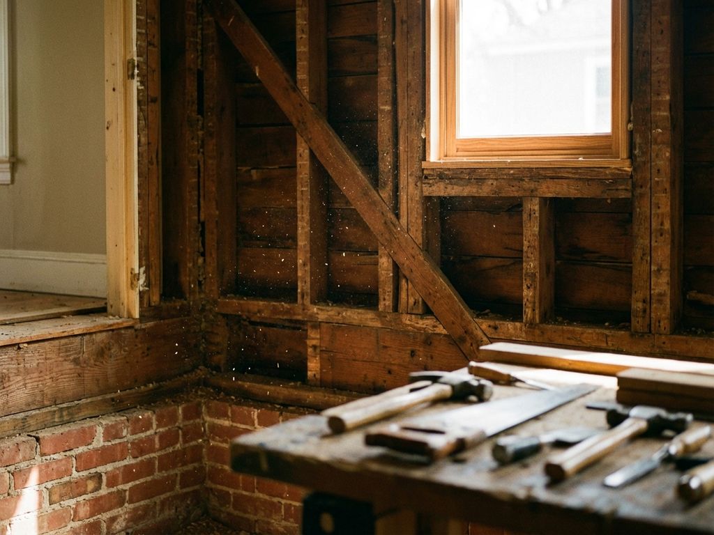 houtskeletbouw-wandconstructie-doorsnede-foto.jpg Doorsnede van houten huisframe met zichtbare balken, bakstenen fundering en gereedschap op werkbank in voorgrond
