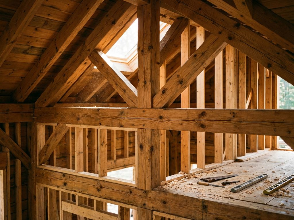 Houten skeletbouw huis in aanbouw met zichtbare balken, spanten en constructiehout in warm zonlicht
