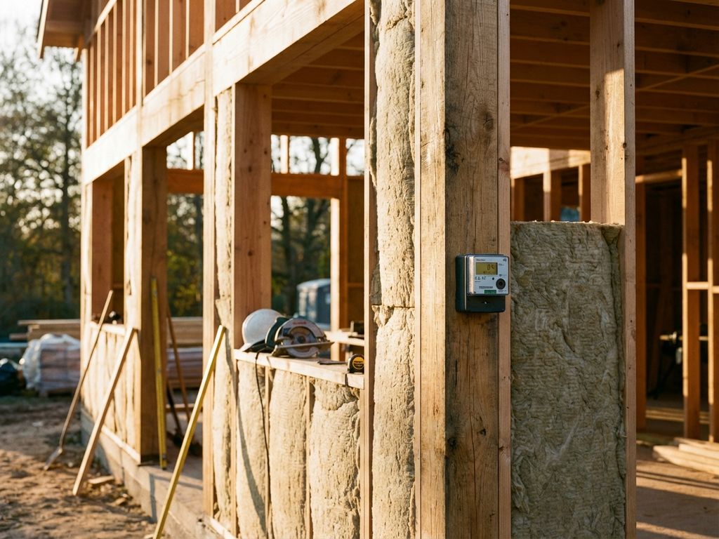 moderne-houtbouw-constructie-energiezuinig-huis.jpg Moderne houtskeletbouw woning in aanbouw met energiezuinige isolatie en digitale energiemeter in gouden zonlicht