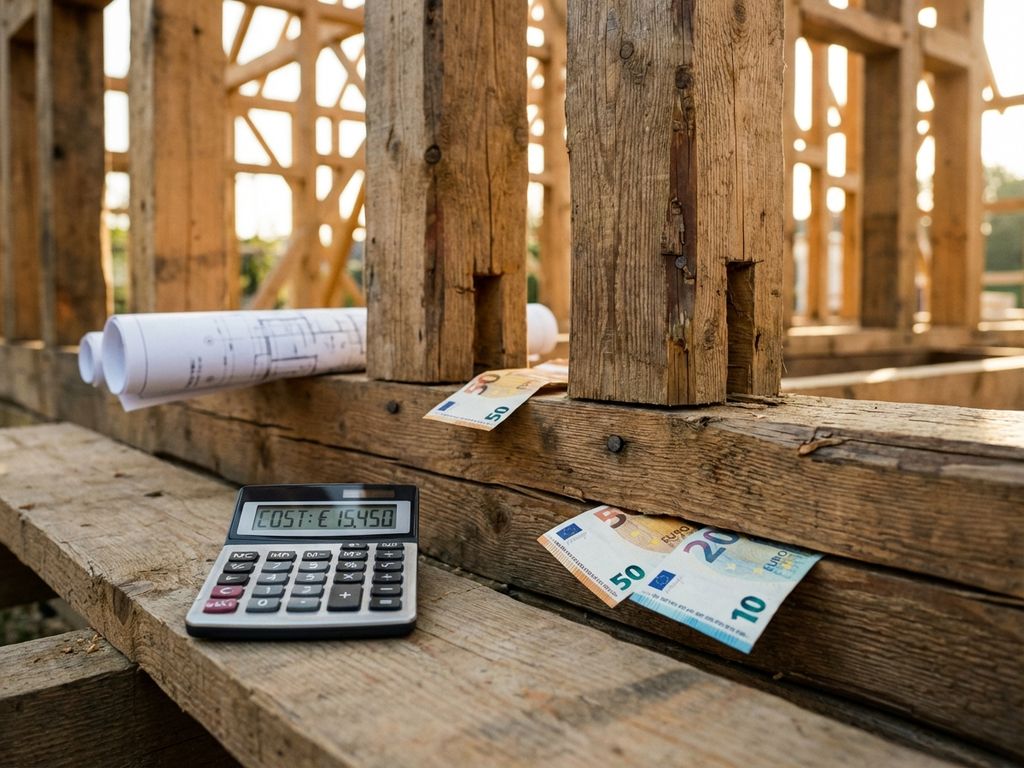 houten-frame-constructie-kosten-calculator-bouw.jpg Houten dakspanten met rekenmachine, eurobiljetten en bouwplannen voor kostenberekening constructieproject