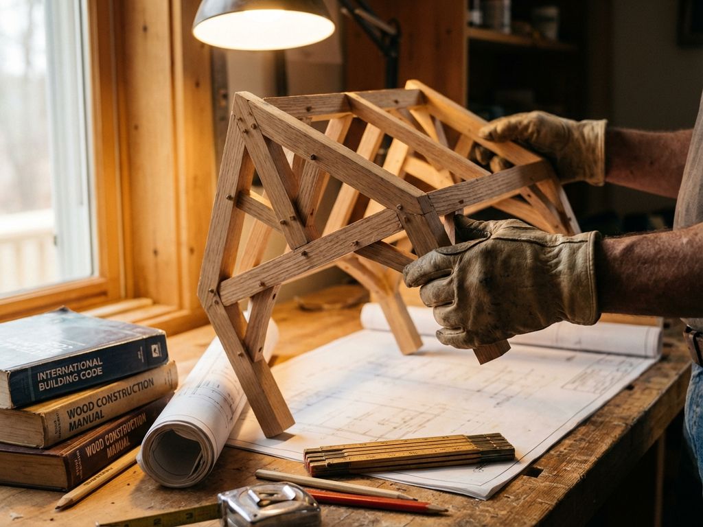 houten-frame-constructie-werkplaats-vakmanschap.jpg Bouwvakker houdt houten frame met zichtbare houtverbindingen boven werkbank met blauwdrukken en meetgereedschap