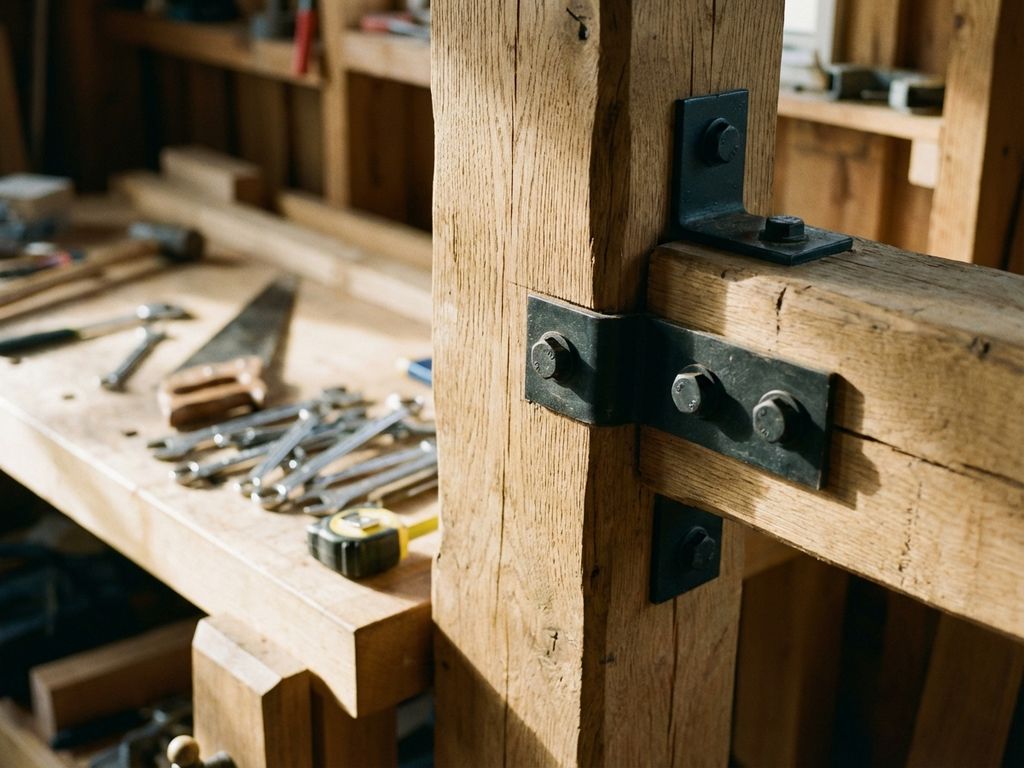 Houten balk constructieverbinding met stalen beugels en bouten, zichtbare houtnerf, gereedschap op werkbank