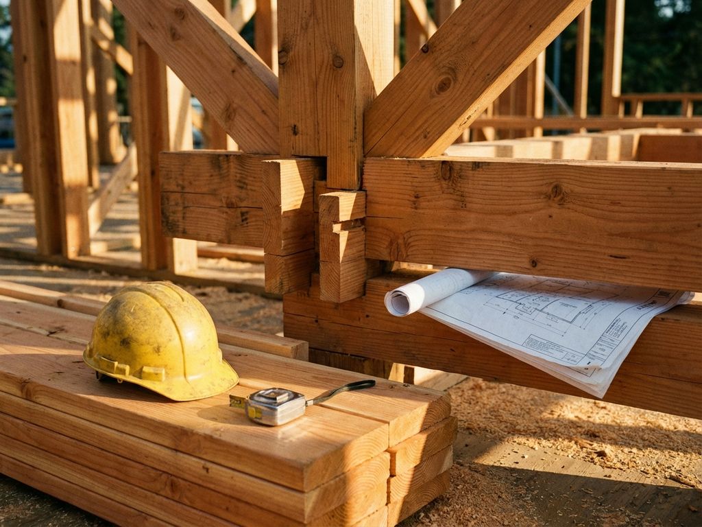 Houten frame constructie met zichtbare balken, bouwhelm en meetlint op vers hout, blauwdrukken zichtbaar onder raamwerk