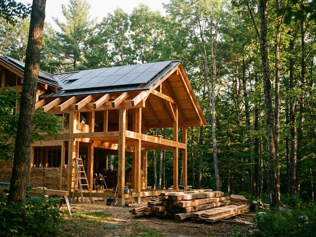 duurzame-houtbouw-constructie-zonnepanelen.jpg Moderne houten frame huis in aanbouw met zichtbare balken, zonnepanelen en duurzame materialen in groen bos