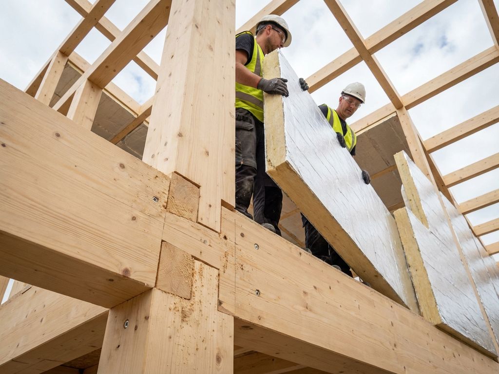 Houten frame huis in aanbouw met zichtbare balkconstructie en bouwvakkers die isolatiepanelen installeren