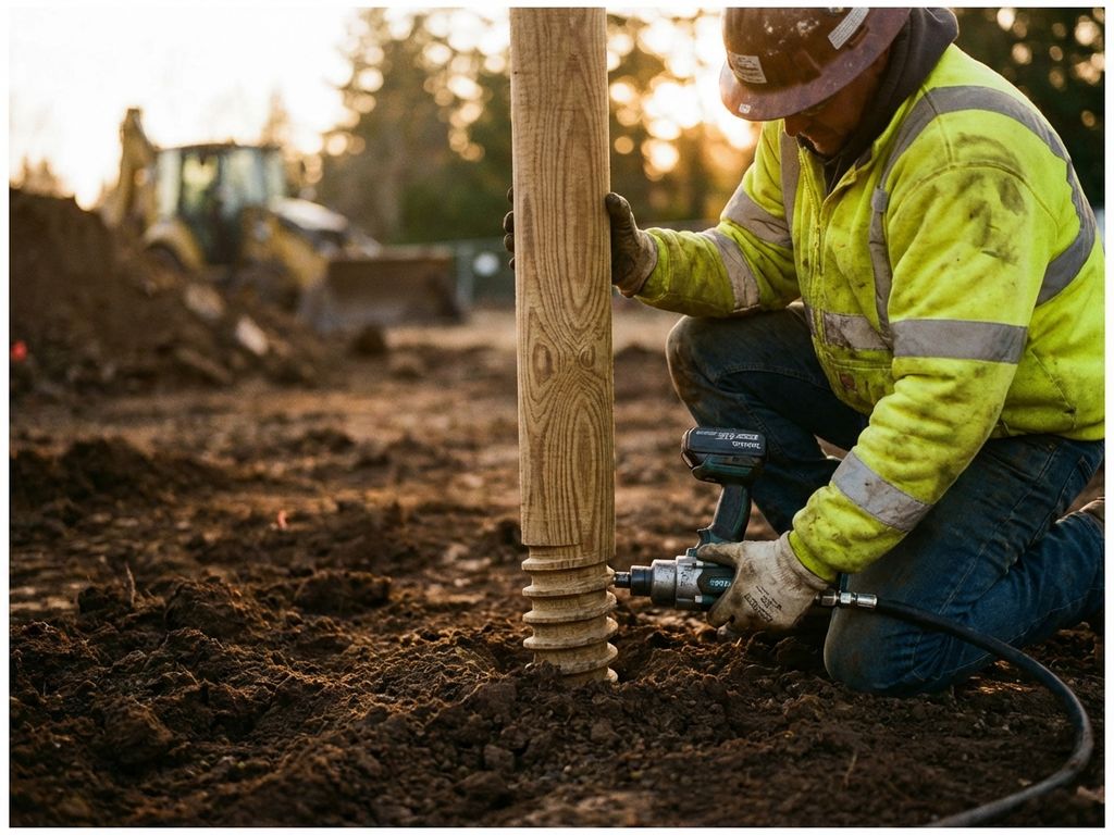 Bouwvakker installeert duurzame houten schroefpaal met gespecialiseerd gereedschap op bouwplaats tijdens gouden uur