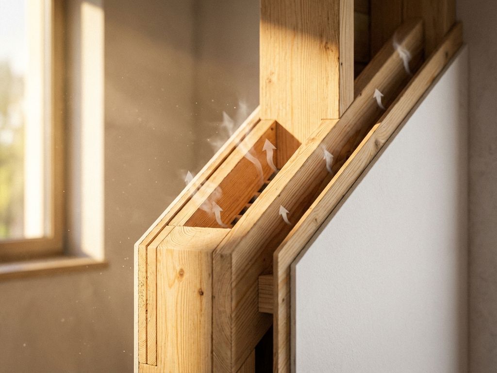 Dwarsdoorsnede van houten frame huismuur met zichtbare ventilatieschachten en luchtstroompatronen in natuurlijk licht