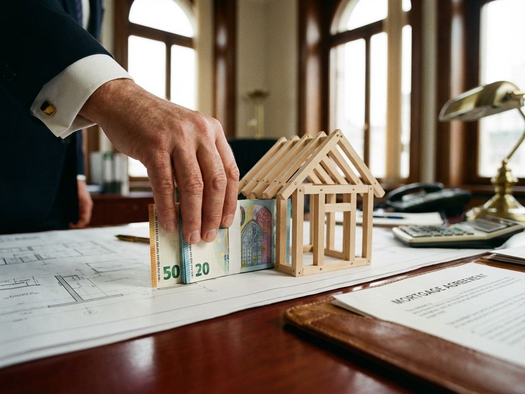 hypotheek-geld-huis-model-bankier.jpg Bankier plaatst stapel eurobiljetten naast houten huismodel op bureau met hypotheekdocumenten en blauwdrukken