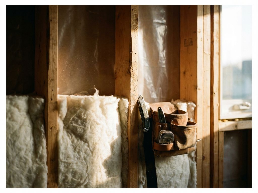 Doorsnede van houten wandstructuur met isolatiemateriaal tussen balken, gereedschap en dampscherm zichtbaar