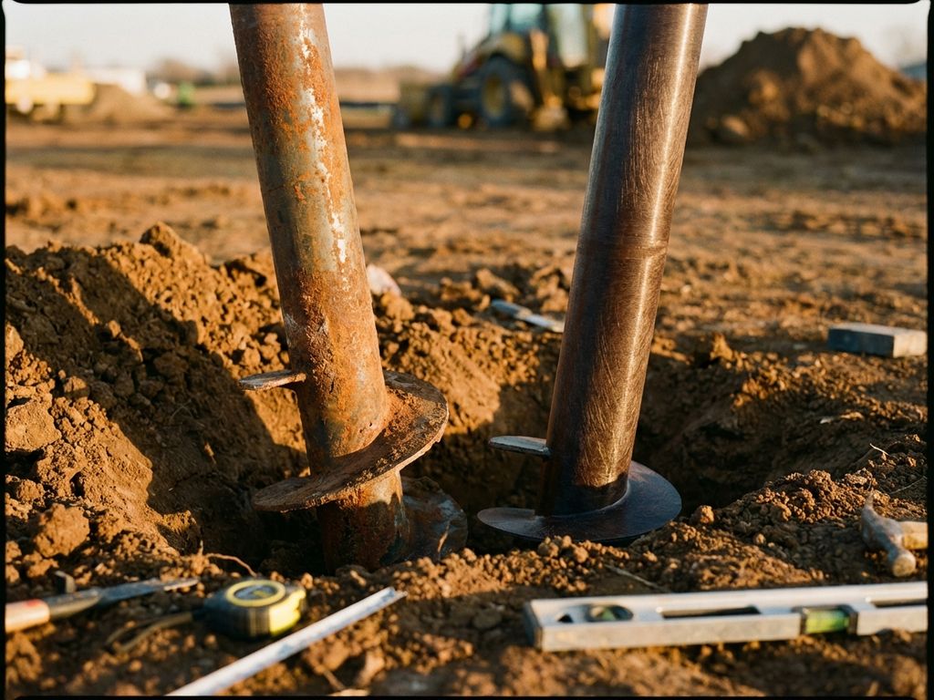 Stalen en bio-composiet schroefpaalfunderingen in bruine grond op bouwplaats met gereedschap in gouden uurlicht