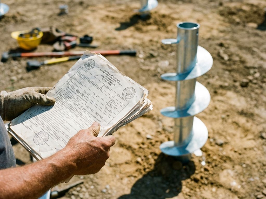 Bouwvakker houdt subsidiedocumenten vast bij geïnstalleerde stalen schroefpaalfundering op bouwplaats