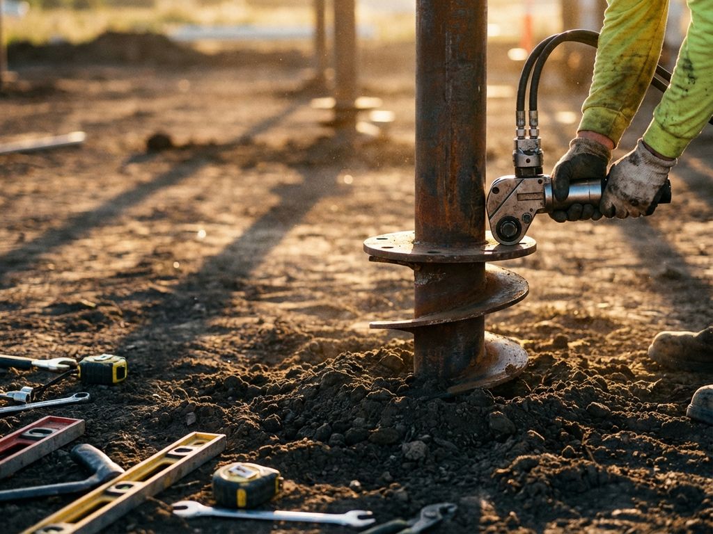 stalen-schroefpaal-aanpassing-bouwvakker-hydraulisch.jpg Bouwvakker past stalen schroefpaal aan met hydraulische apparatuur op bouwplaats tijdens gouden uur
