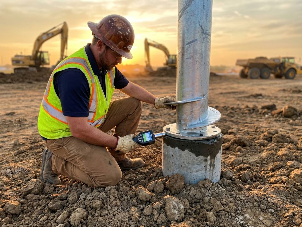 Bouwingenieur in helm test met digitaal apparaat nieuw geïnstalleerde schroefpaal op bouwplaats tijdens kwaliteitscontrole