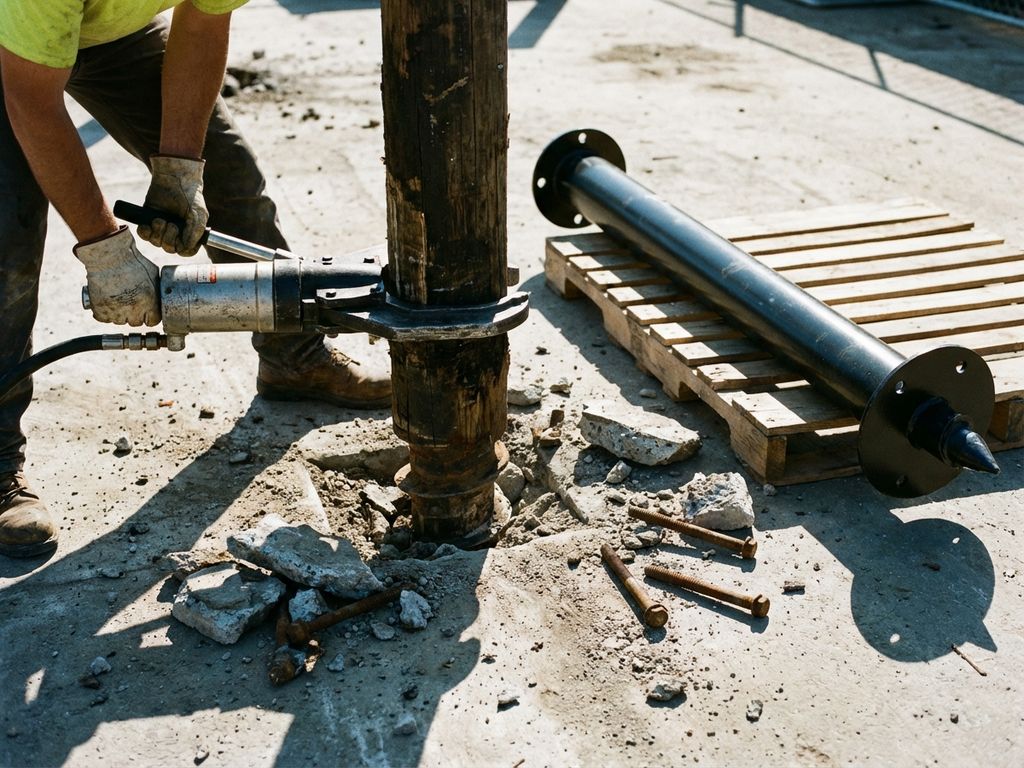 schroeipaal-fundatie-vervanging-constructie-werkzaamheden.jpg Bouwvakker verwijdert verweerde houten schroefpaal met professioneel gereedschap, nieuwe vervangingspaal ligt klaar