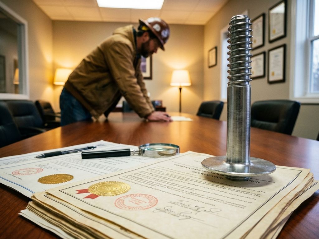 Bouwinspecteur in helm bekijkt certificeringsdocumenten met kwaliteitszegels en stalen schroefpaalfundatie op tafel