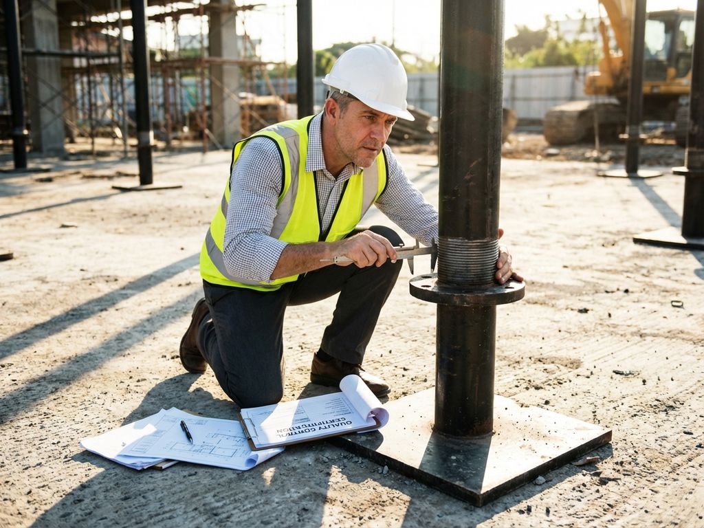 Bouwinspecteur met helm controleert schroefpaal fundering met meetinstrument op bouwplaats