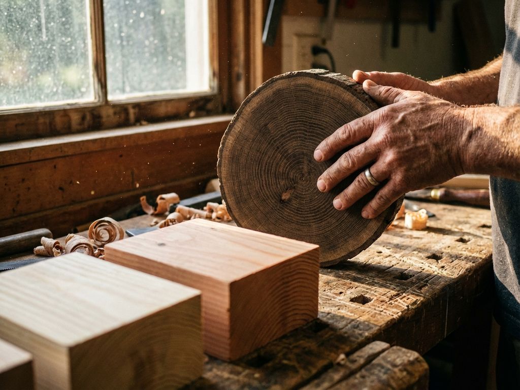 Timmerman onderzoekt eikenhout dwarsdoorsnede met grenen en Douglas sparrenhout monsters op werkbank