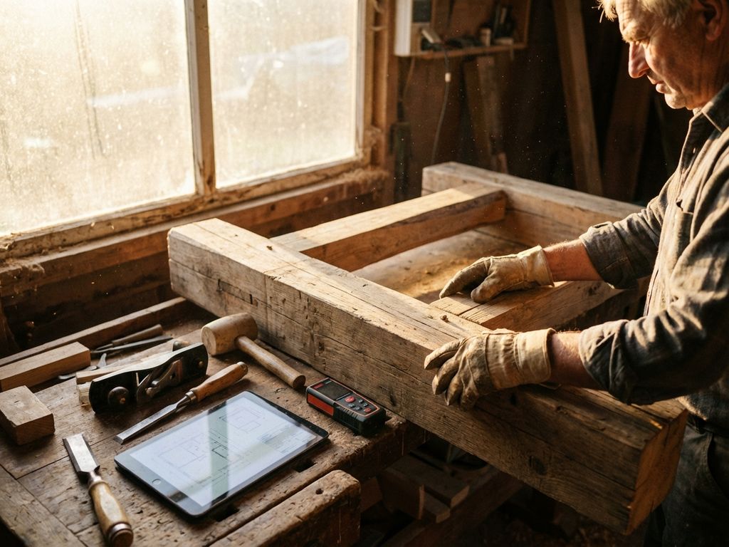 houtbewerking-timmerman-handen-gereedschap-werkplaats.jpg Timmerman inspecteert houten balkstructuur in werkplaats met traditioneel gereedschap en moderne meetapparatuur