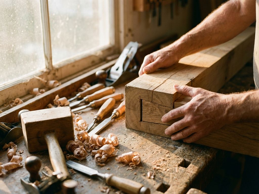Timmerman toont handgemaakte pen-en-gat verbinding in houten balk, met traditionele gereedschappen op werkbank