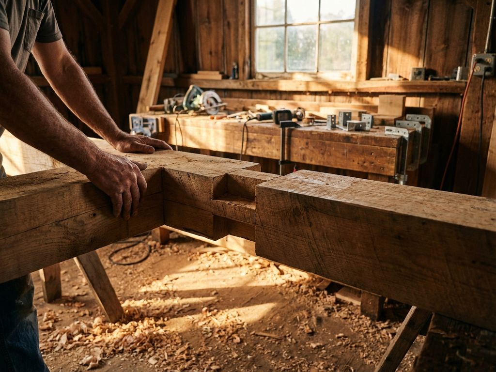 houtbewerking-timmerman-handen-balkconstructie.jpg Timmerman positioneert houten balk in houtframe constructie met gereedschap op werkbank in warme werkplaats