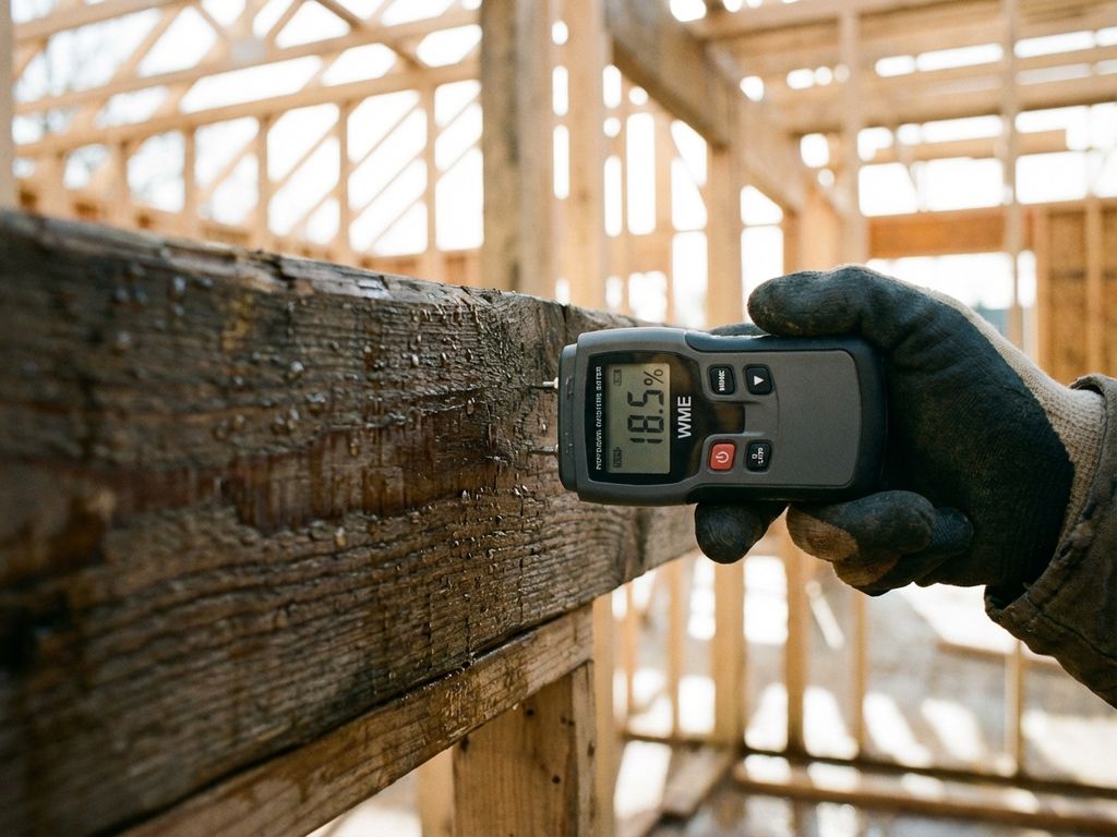 Bouwvakker meet vocht in houten balk met digitale vochtmeter tijdens houtskeletbouw constructie