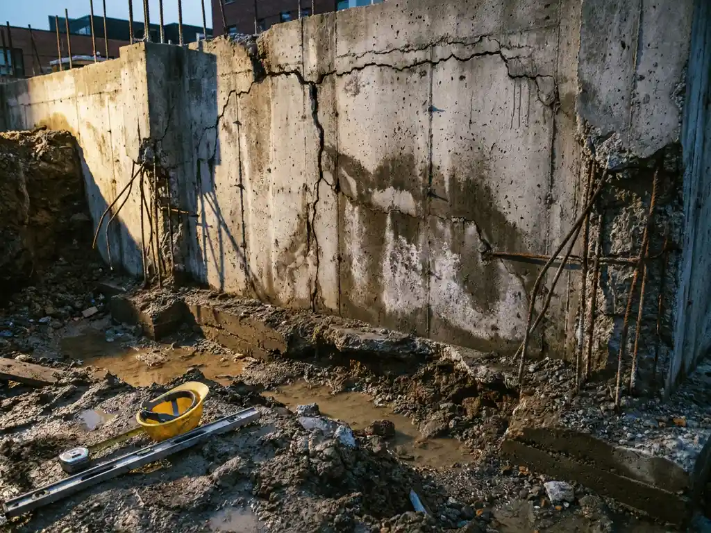 betonrot-fundatie-scheuren-waterschade-reparatie.jpg Betonnen funderingsmuur met scheuren en waterschade, zichtbare wapening, gele bouwhelm en meetgereedschap op natte grond