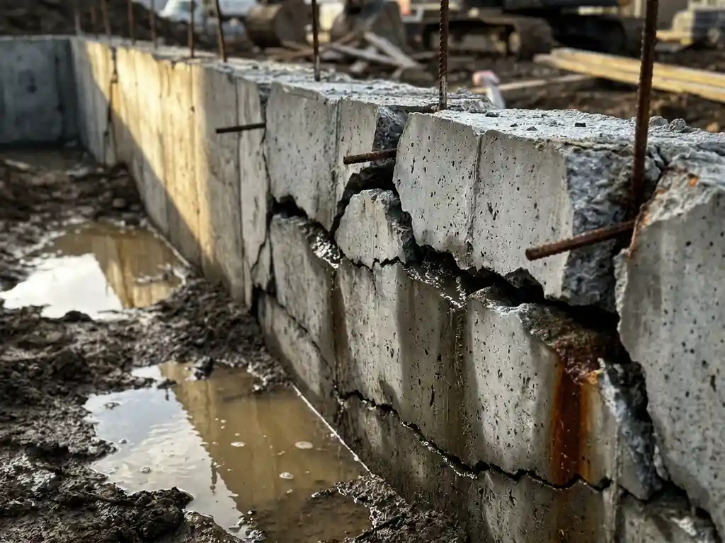 Gebarsten betonnen fundering met structurele schade, waterlekkage en roestige wapening zichtbaar