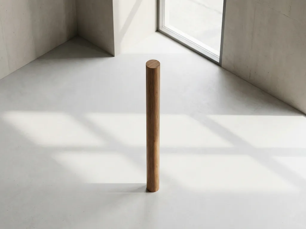 bio-gebaseerde-funderingspaal-houtstructuur-beton.jpg Elegante bio-gebaseerde funderingspaal met zichtbare houtnerf staat verticaal op wit beton in minimalistische werkruimte
