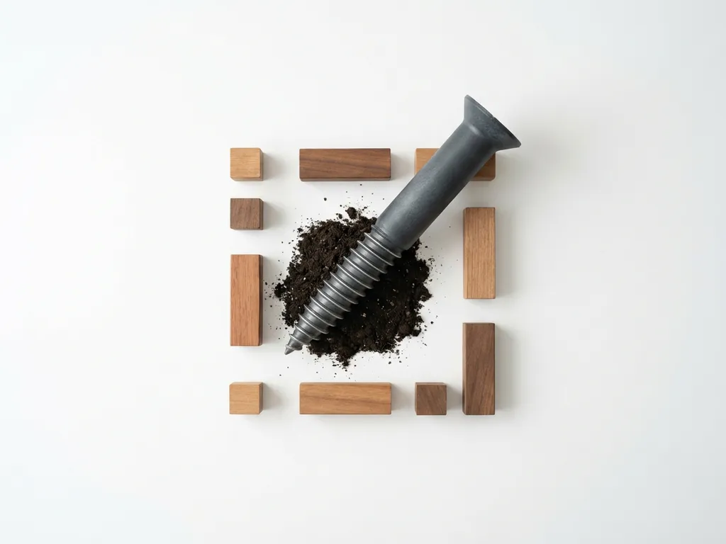 Biobased schroeffundering in donkere grond omringd door geometrische houten blokken, bovenaanzicht met zachte schaduwen