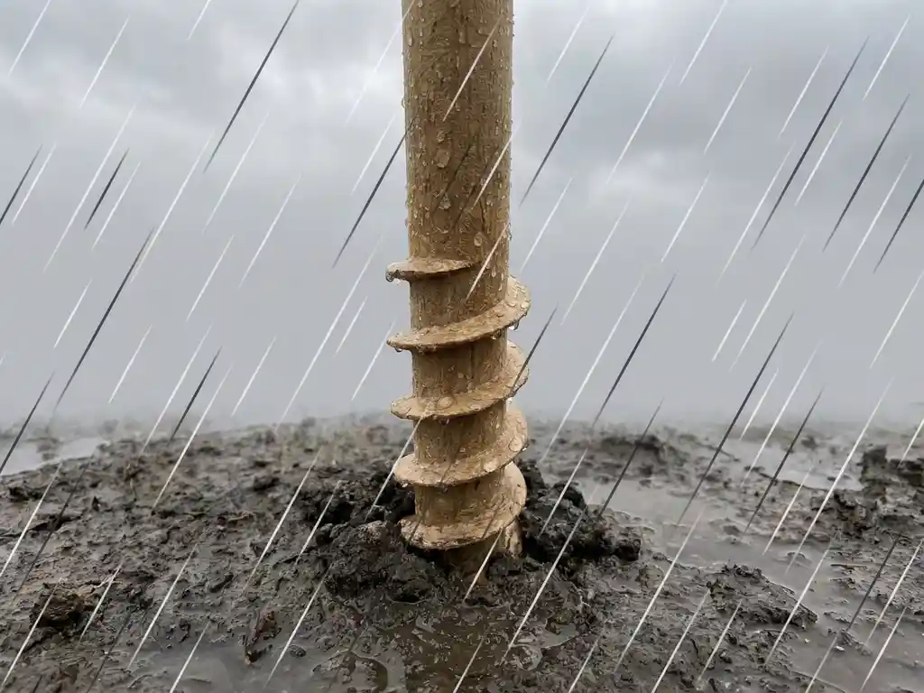 Biobased schroefpaal in verzadigde donkere grond met regendruppels op houtvezel oppervlak, geometrische regenpatronen