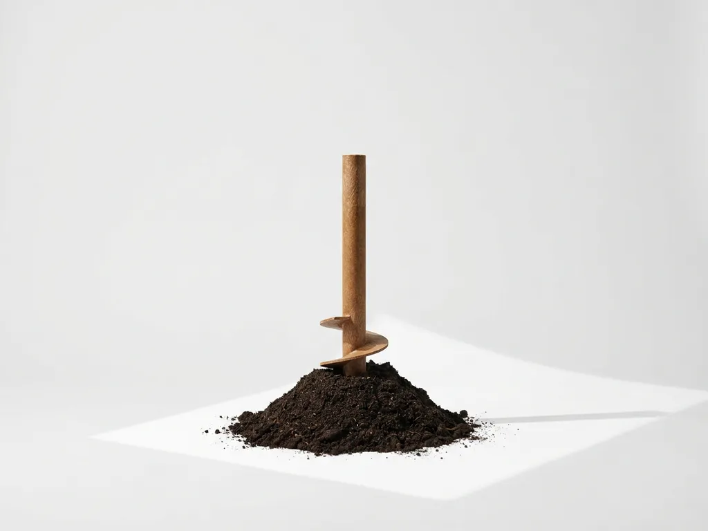 Biobased schroefpaal met houtvezelstructuur steekt uit donkere aarde tegen witte achtergrond
