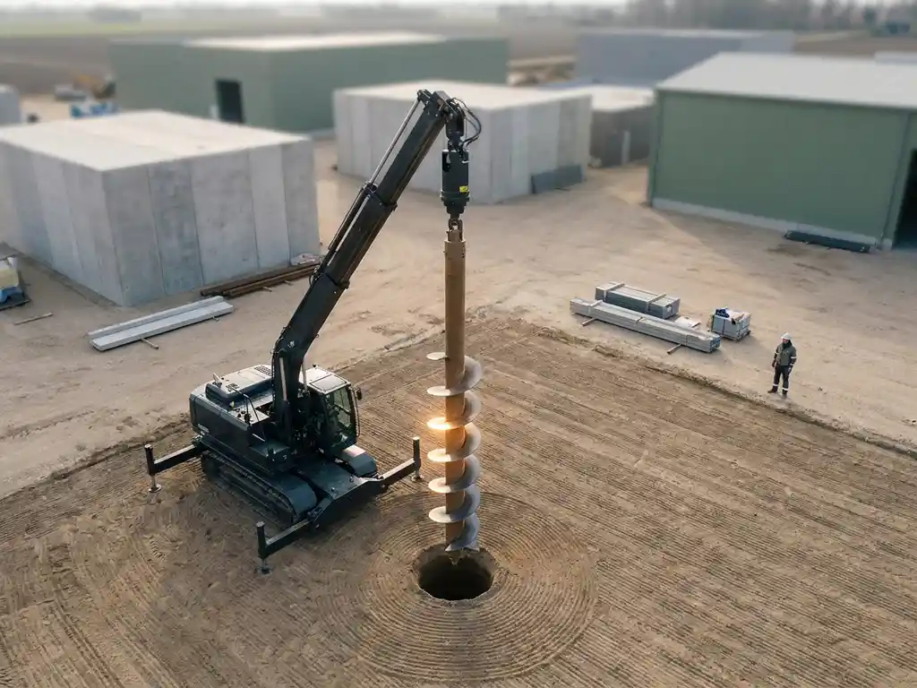 biobased-schroefpaal-installatie-grond-boren.jpg Biobased schroefpaal wordt geïnstalleerd in schone grond door boorinstallatie, spiraalvormig staal vangt natuurlijk licht